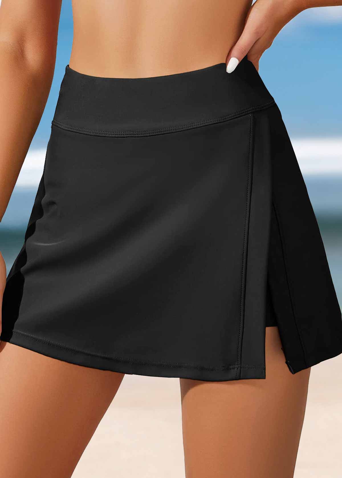 Black swimwear,Plain Color swimwear,ROTITA Black High Waisted Patchwork Split Pantskirt