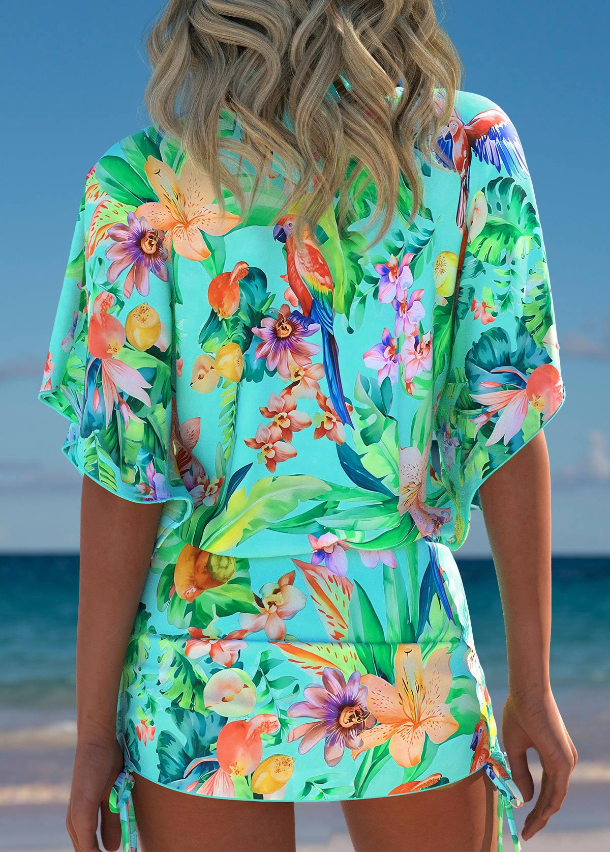Mint Green swimwear,Plants swimwear,ROTITA Mint Green Tropical Plants Print Cover Up