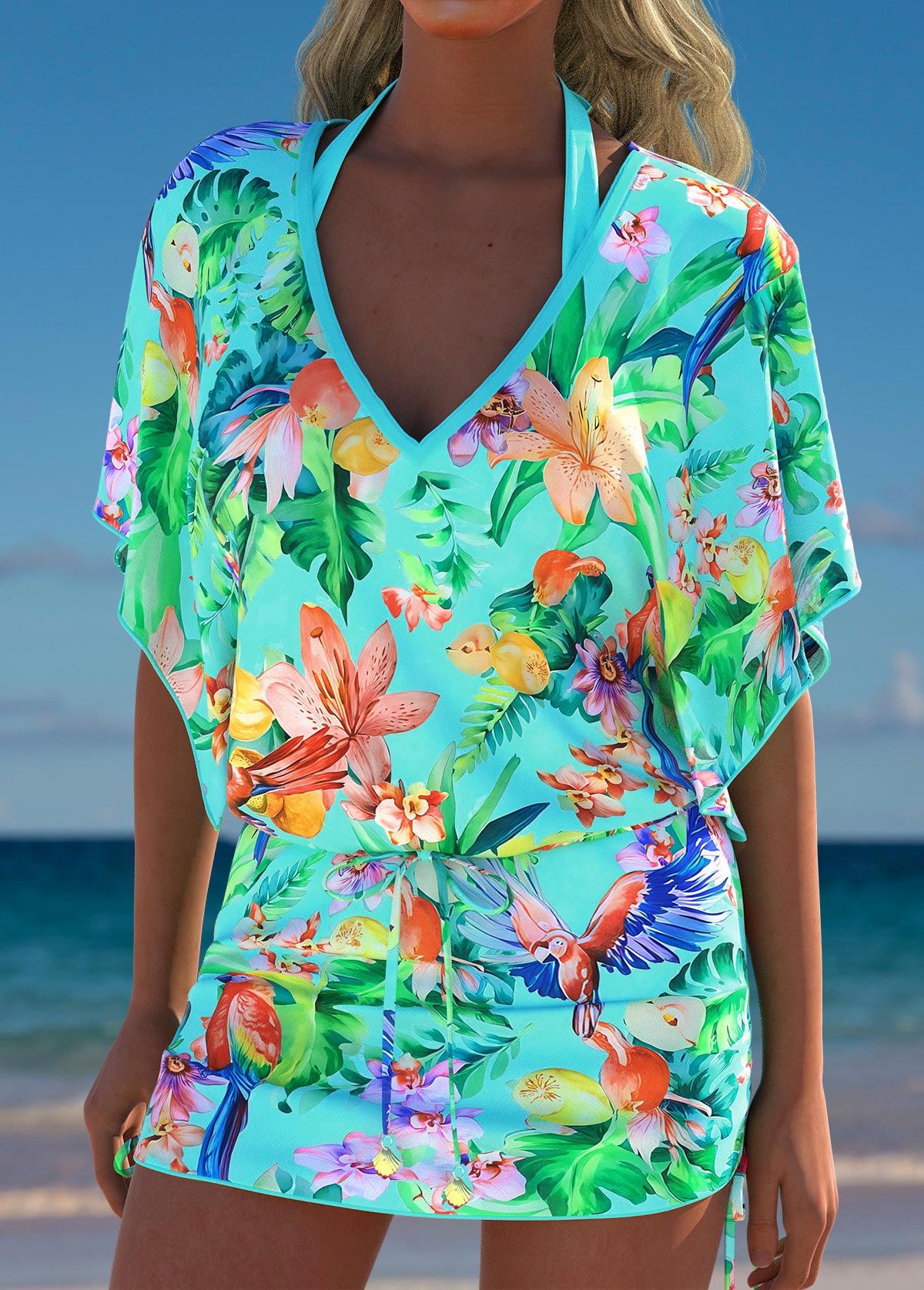 Mint Green swimwear,Plants swimwear,ROTITA Mint Green Tropical Plants Print Cover Up