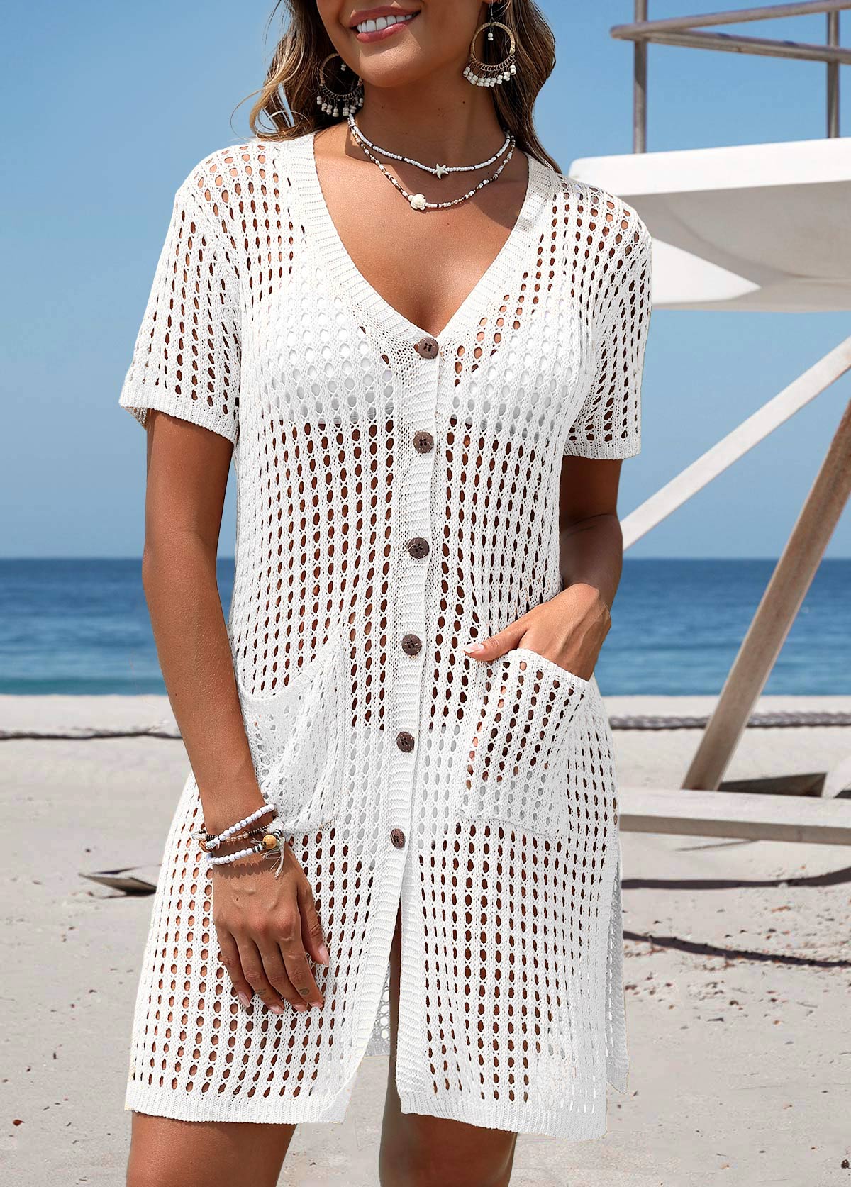 White swimwear,Plain Color swimwear,White Split V Neck Cover Up