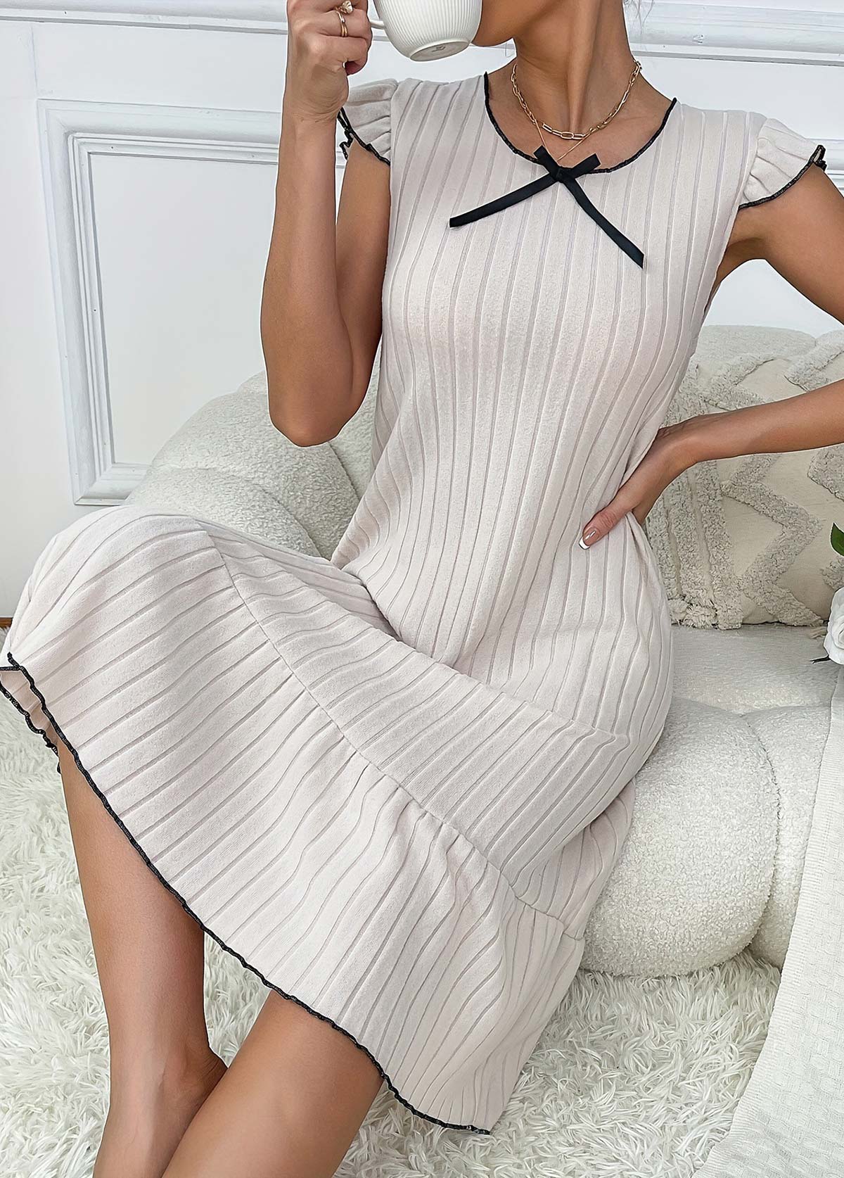 Beige loungewear,Plain Color loungewear,Beige Round Neck Short Sleeve Nightdress