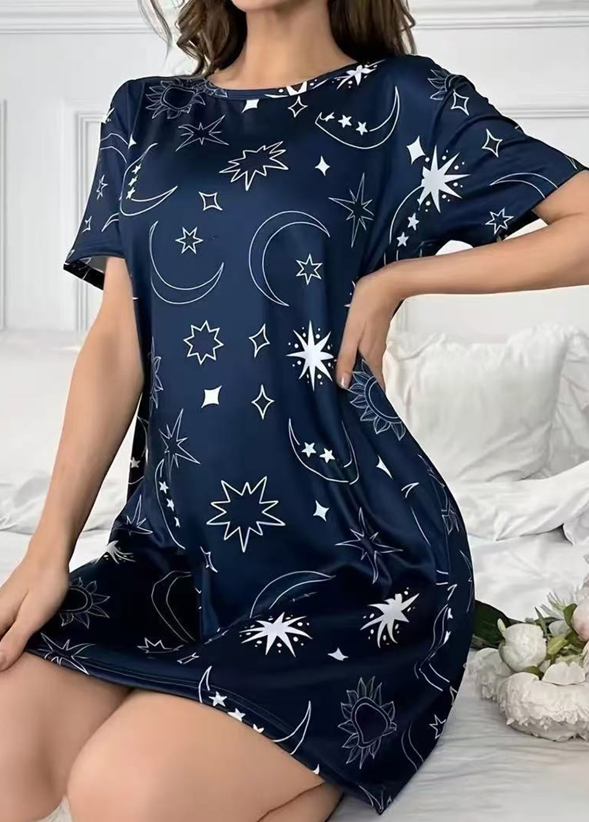 Navy loungewear,Galaxy loungewear,Star Print Navy Round Neck Short Sleeve Nightdress