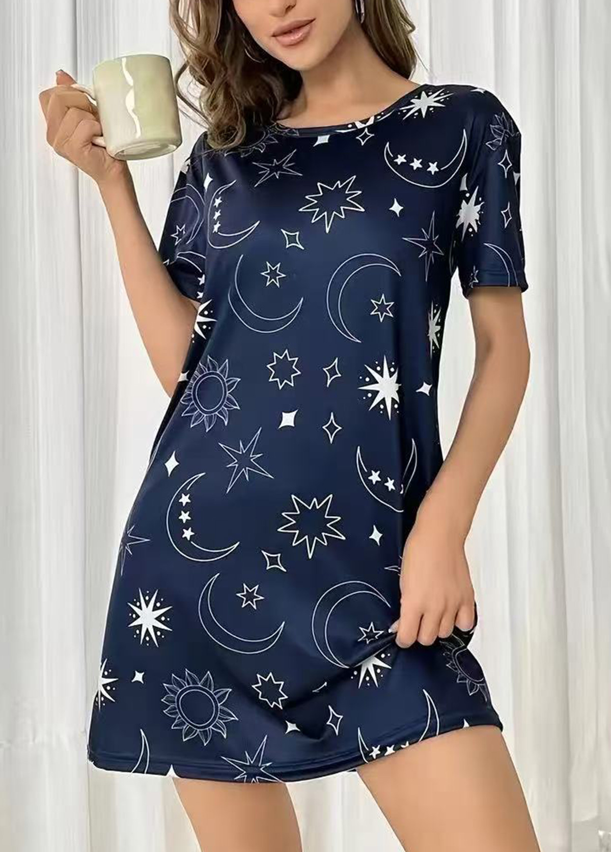 Navy loungewear,Galaxy loungewear,Star Print Navy Round Neck Short Sleeve Nightdress