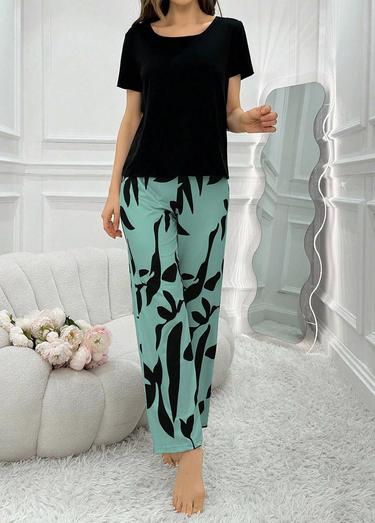 Mint Green loungewear,Plants loungewear,Plants Print Mint Green Lounge Top and Pants