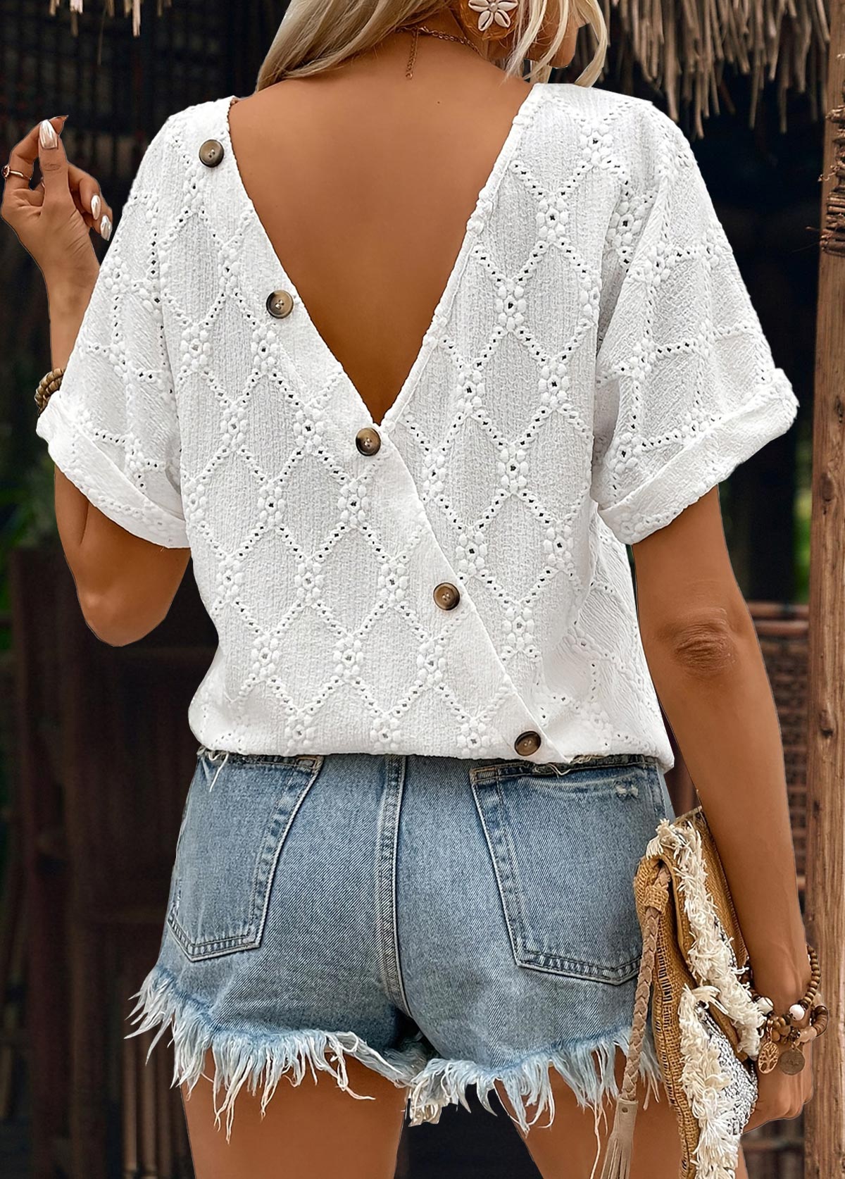 Raw white tops,Plain Color tops,ROTITA Raw White Scoop Neck Short Sleeve T Shirt
