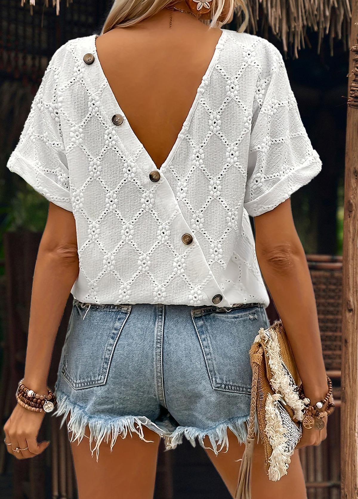 Raw white tops,Plain Color tops,ROTITA Raw White Scoop Neck Short Sleeve T Shirt