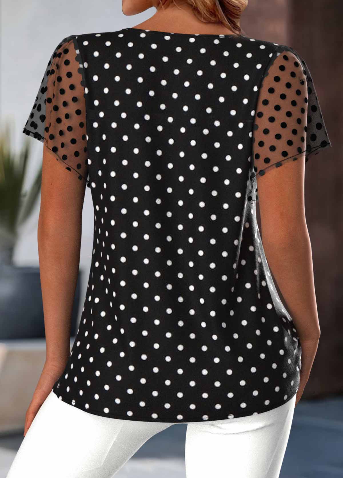 Black tops,Dot tops,ROTITA Polka Dot Black Round Neck Short Sleeve Blouse