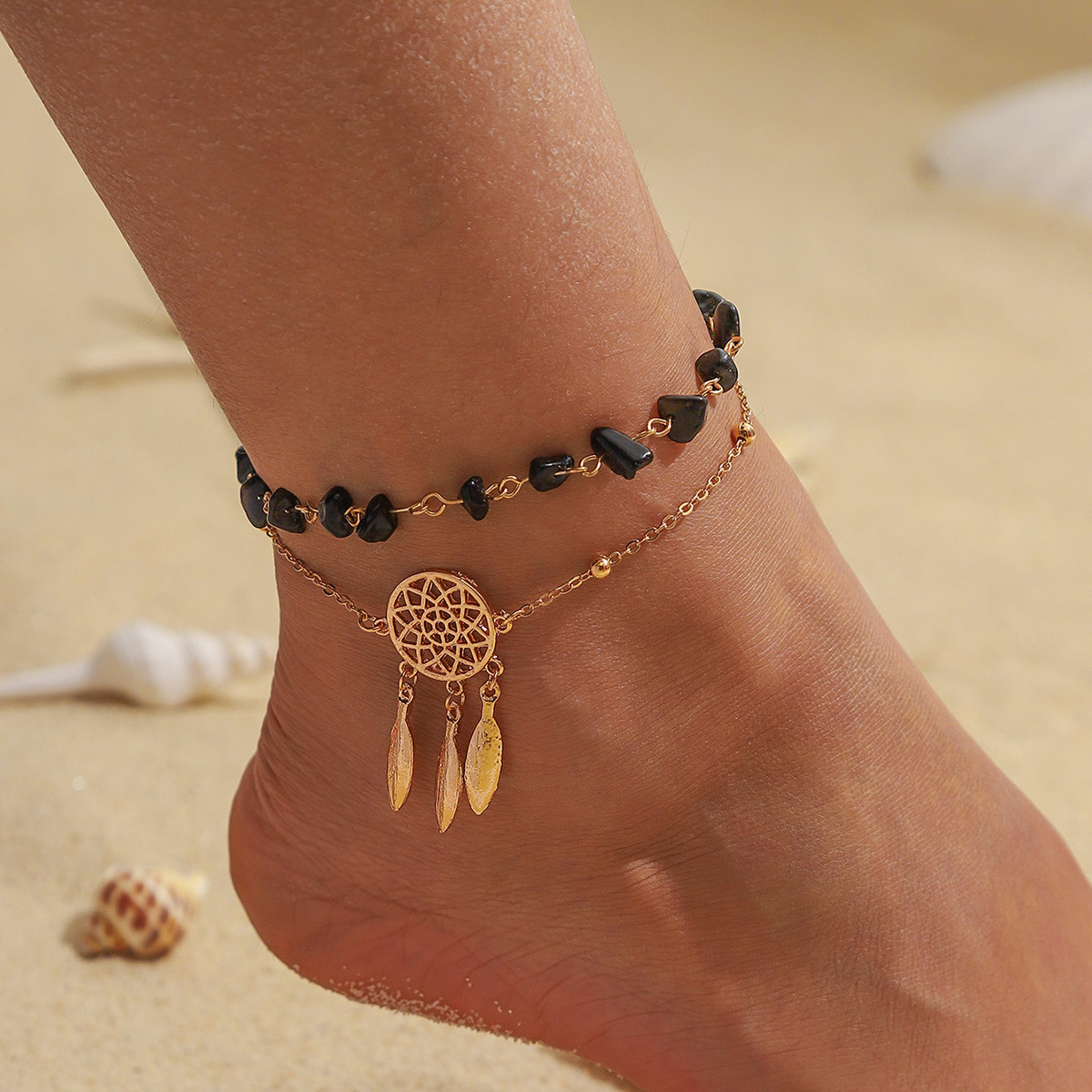 Black jewelry,Geometric jewelry,Black Alloy Dream Catcher Feather Anklet