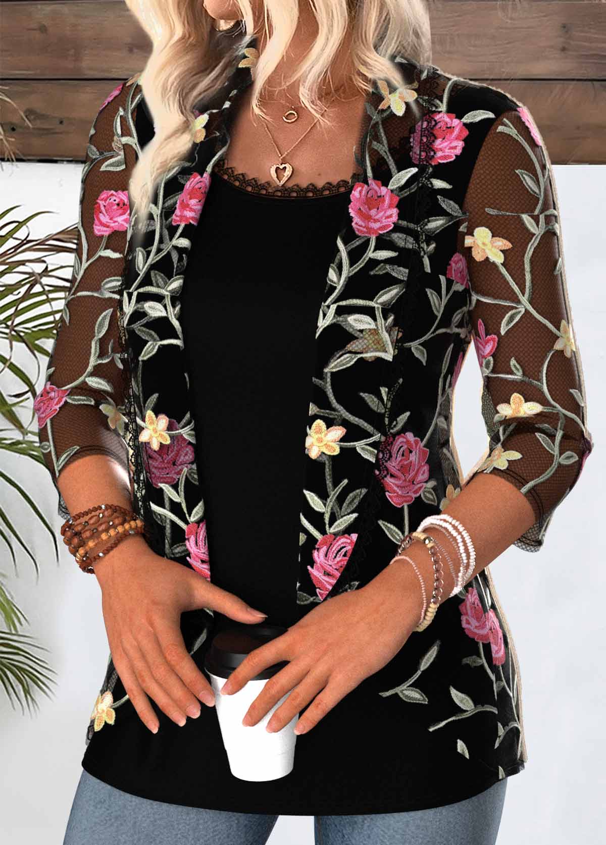 Black tops,Floral tops,Plants tops,ROTITA Floral Print Black Square Neck Fake Two Piece Twinset