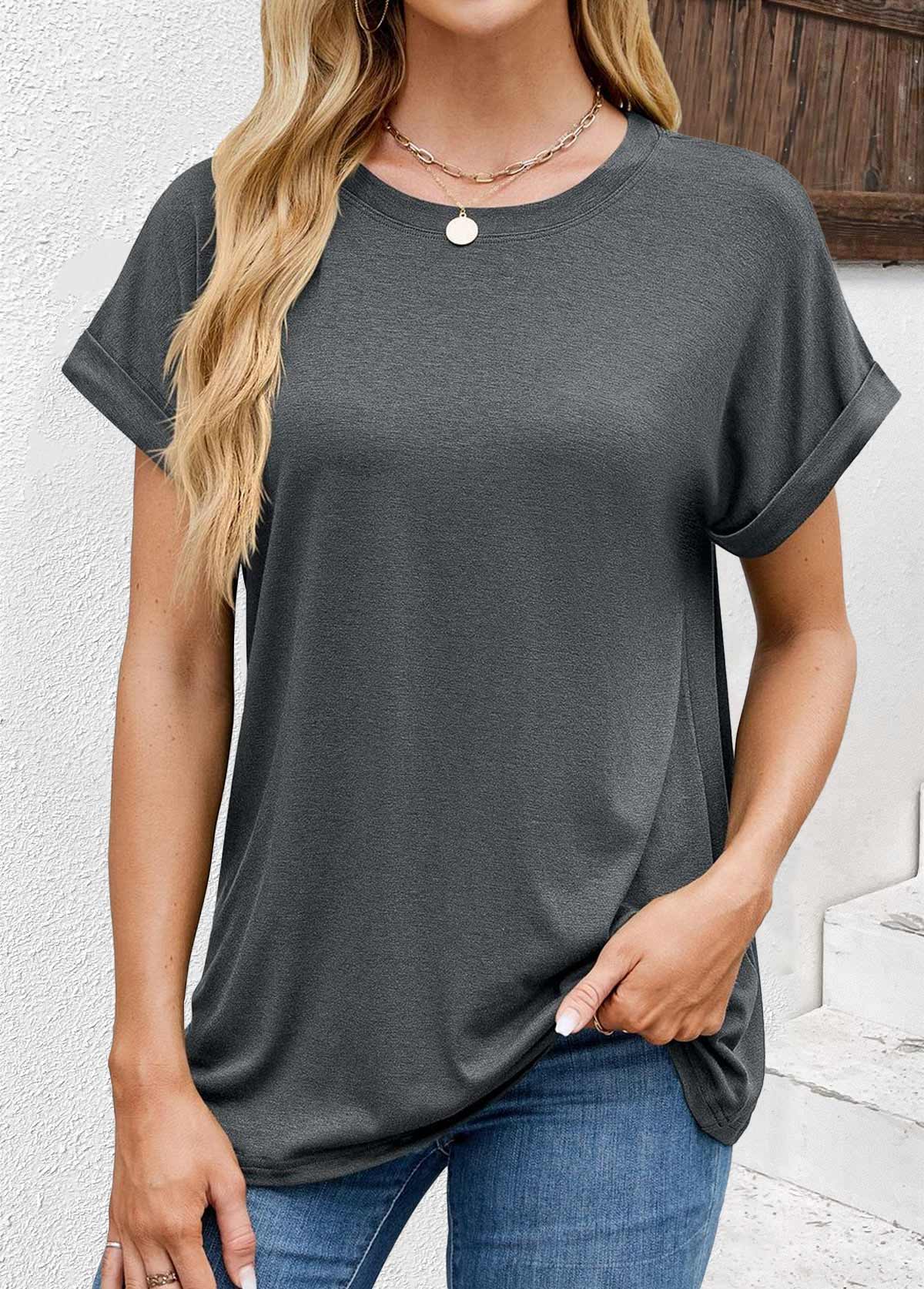 Dark Grey tops,Plain Color tops,ROTITA Dark Grey Round Neck Short Sleeve T Shirt