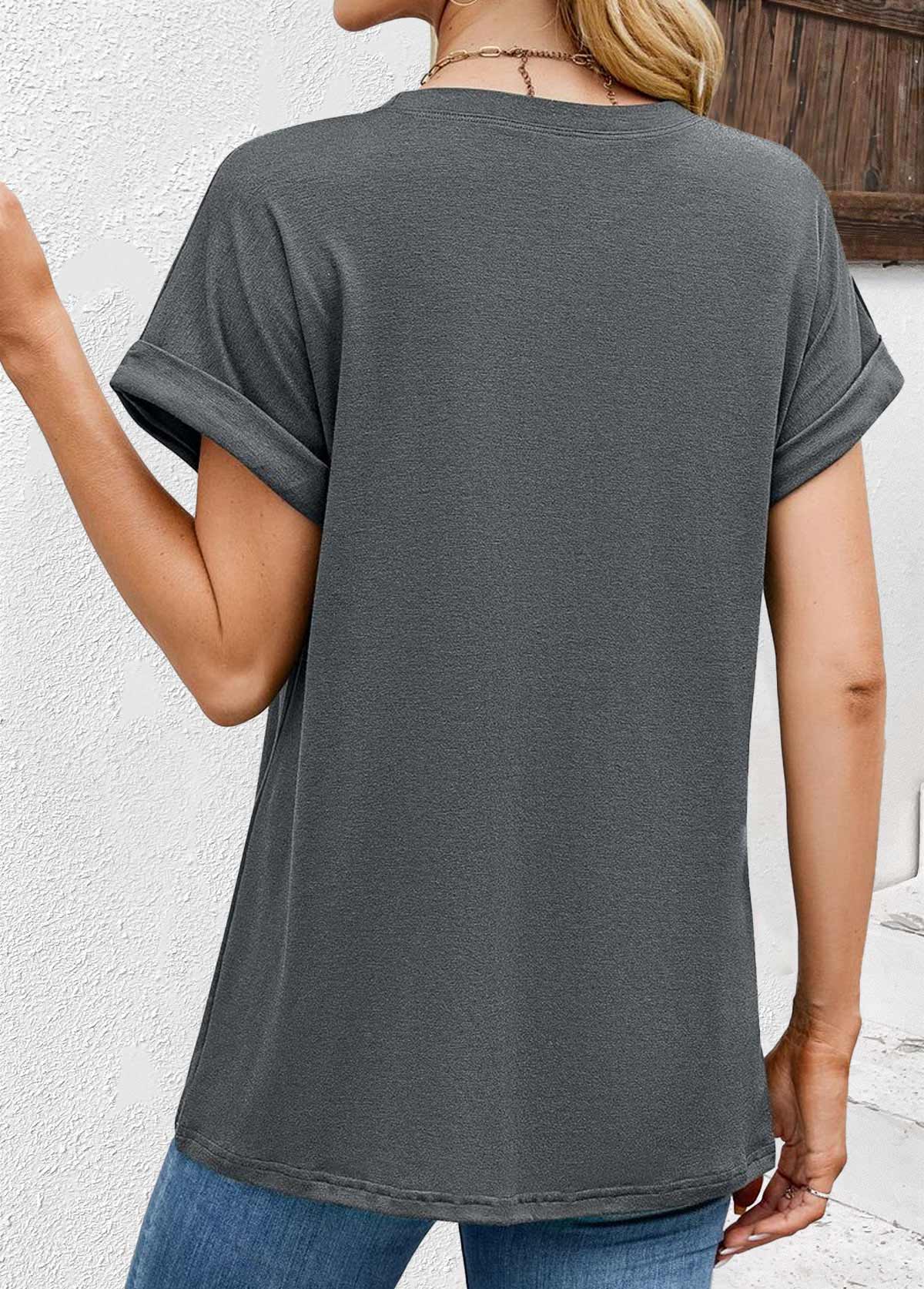 Dark Grey tops,Plain Color tops,ROTITA Dark Grey Round Neck Short Sleeve T Shirt