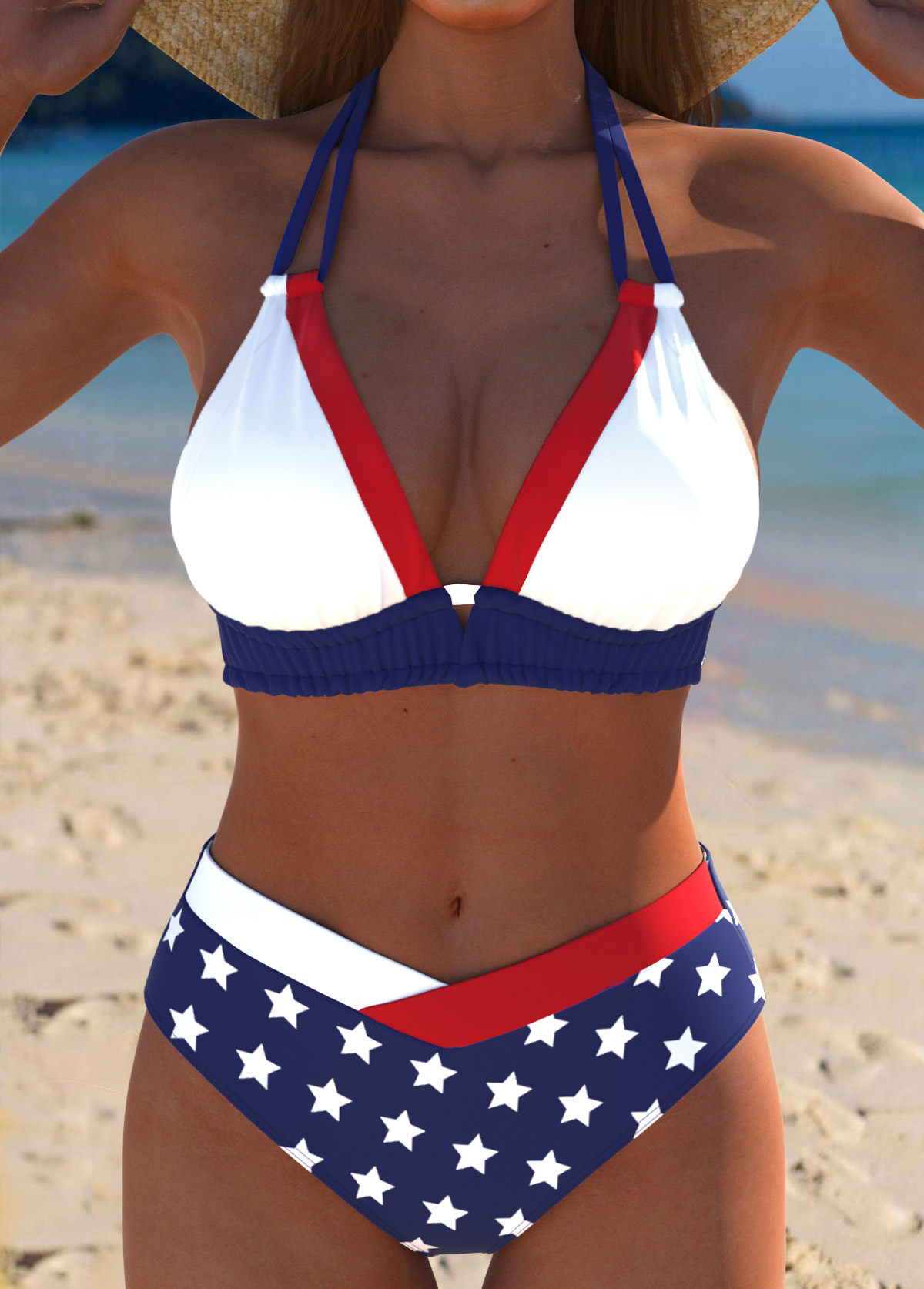 Multi Color swimwear,Flag swimwear,ROTITA American Flag Multi Color Mid Waisted Bikini Set