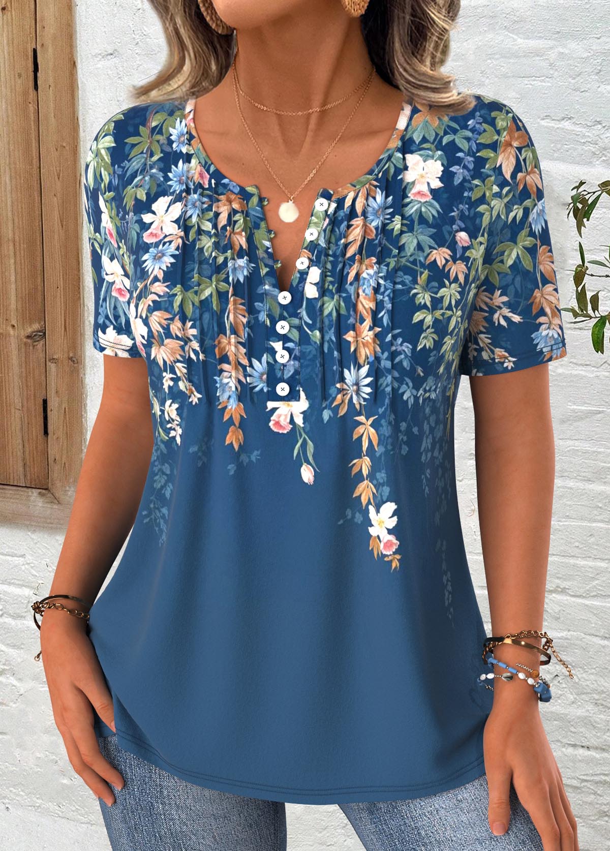 Peacock Blue tops,Floral tops,Plants tops,ROTITA Floral Print Peacock Blue Round Neck T Shirt