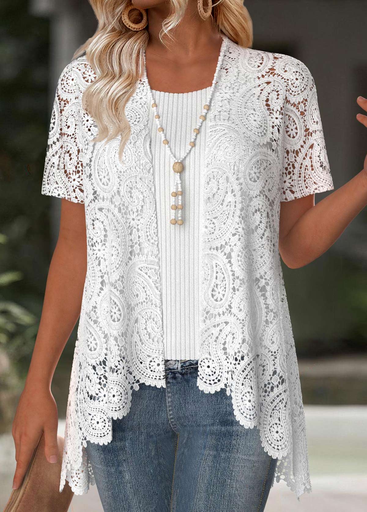White tops,Plain Color tops,ROTITA White Short Sleeve Embroidery Light Cardigan