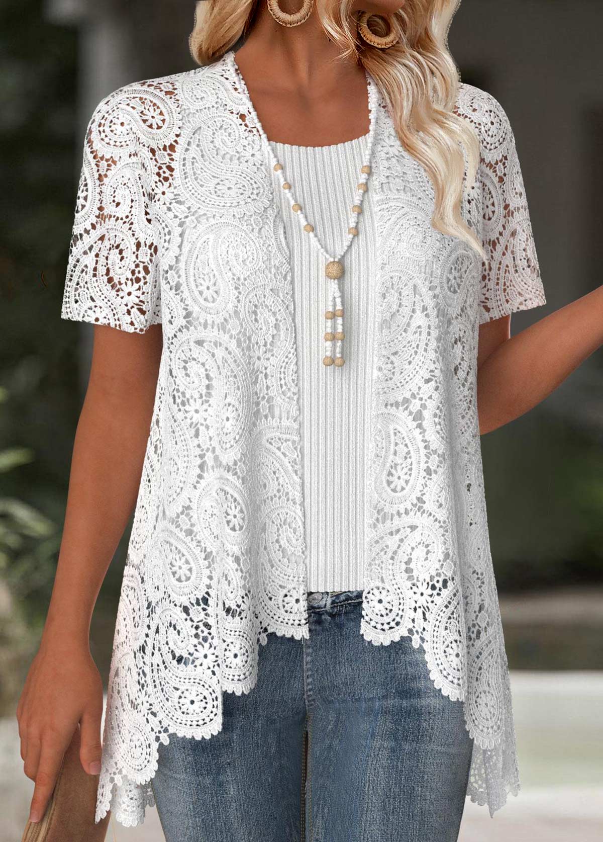 White tops,Plain Color tops,ROTITA White Short Sleeve Embroidery Light Cardigan
