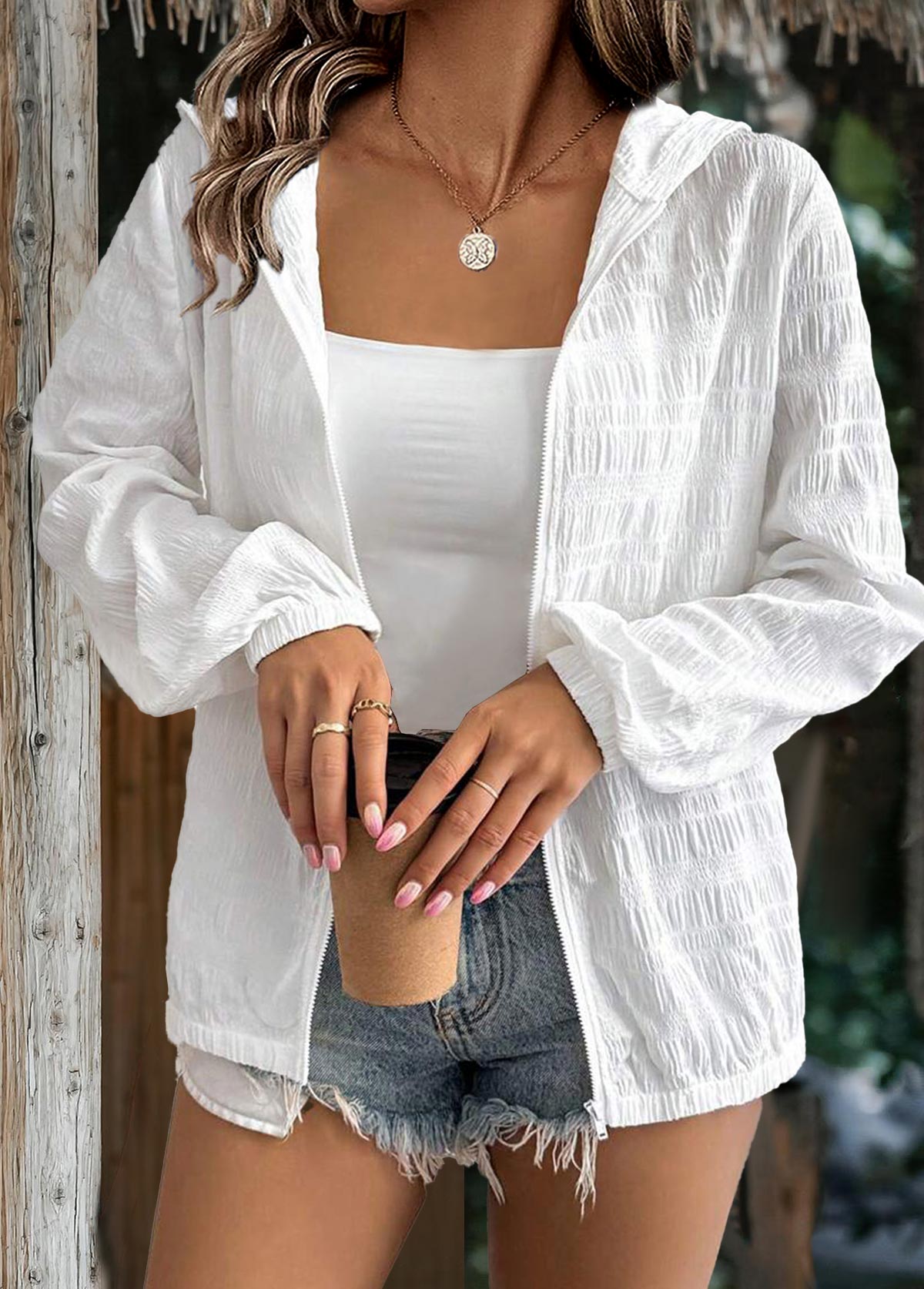 White tops,Plain Color tops,ROTITA White Crinkled Texture Long Sleeve Jacket