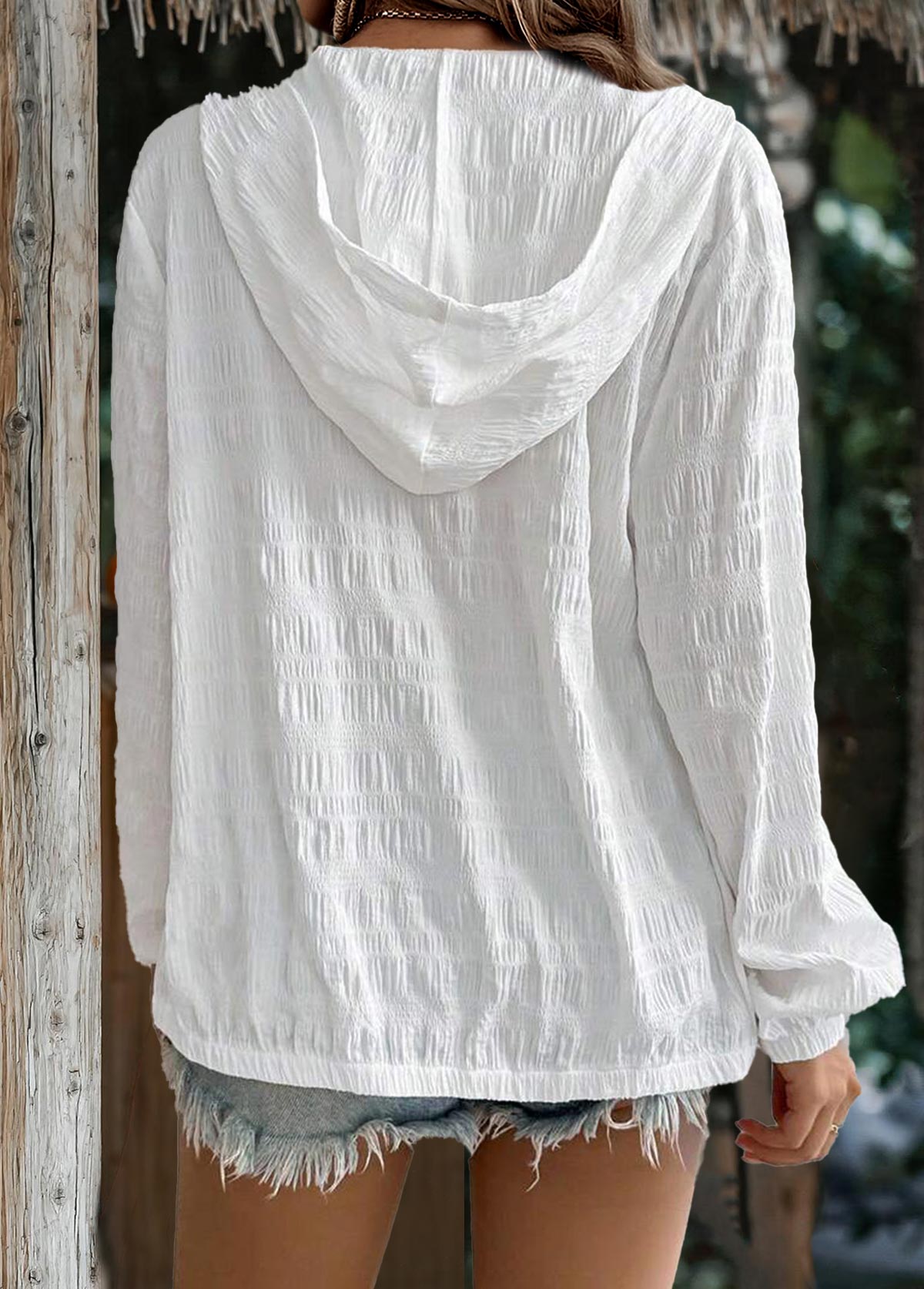 White tops,Plain Color tops,ROTITA White Crinkled Texture Long Sleeve Jacket