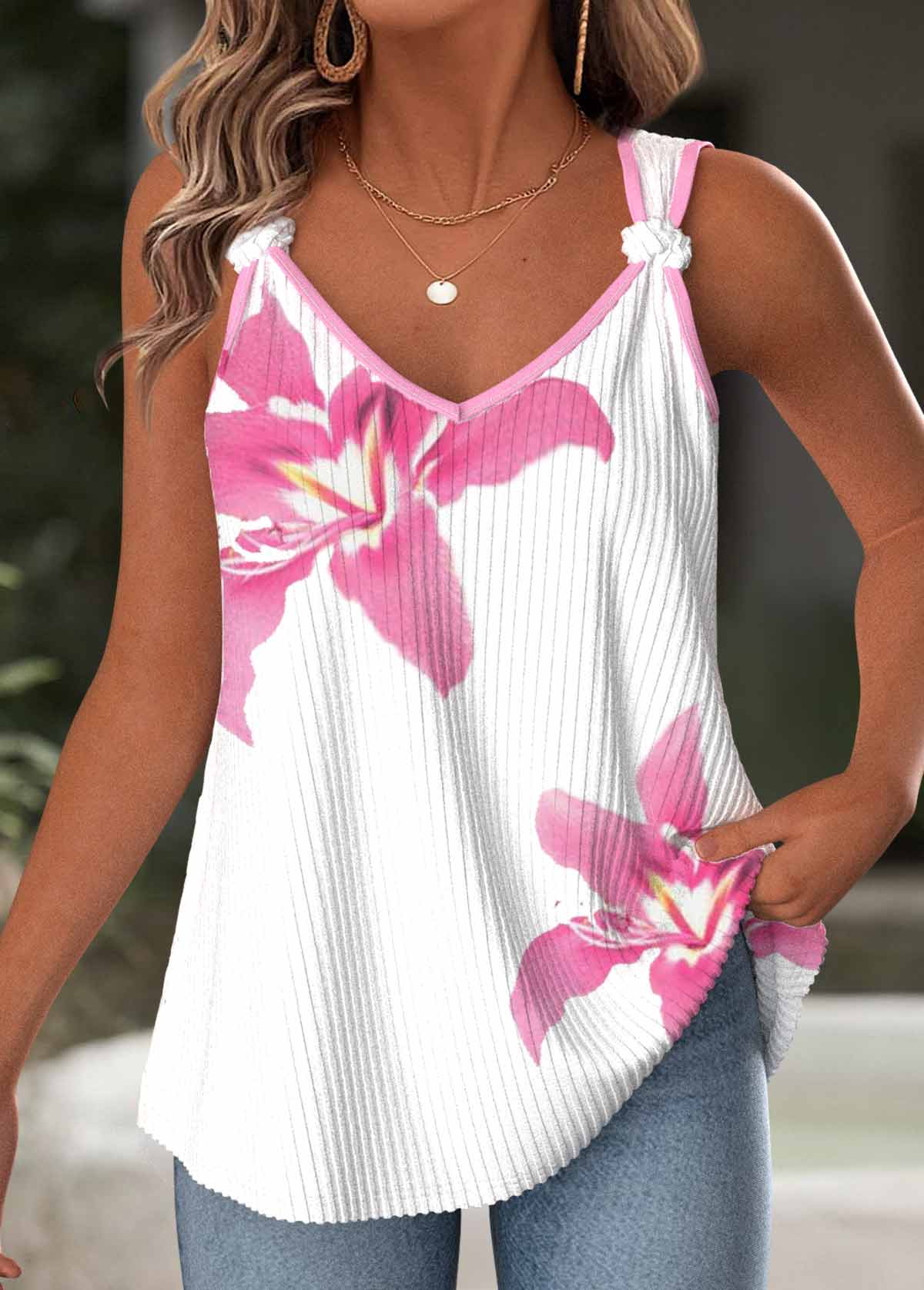 White tops,Floral tops,Plants tops,ROTITA Floral Print White V Neck Strappy Tank Top