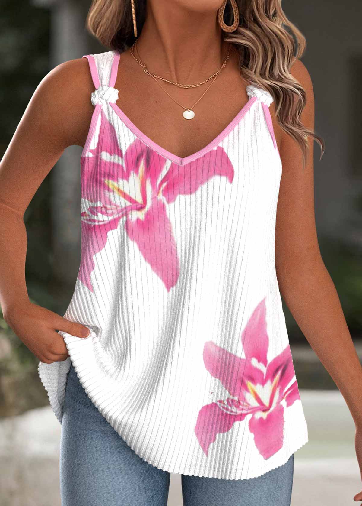 White tops,Floral tops,Plants tops,ROTITA Floral Print White V Neck Strappy Tank Top