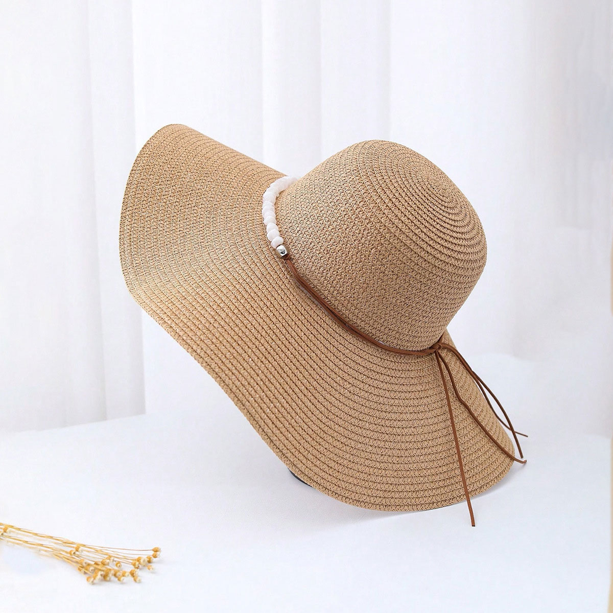 Light Camel accessories,Plain Color accessories,Light Camel Color Pearl Detail Visor Hat