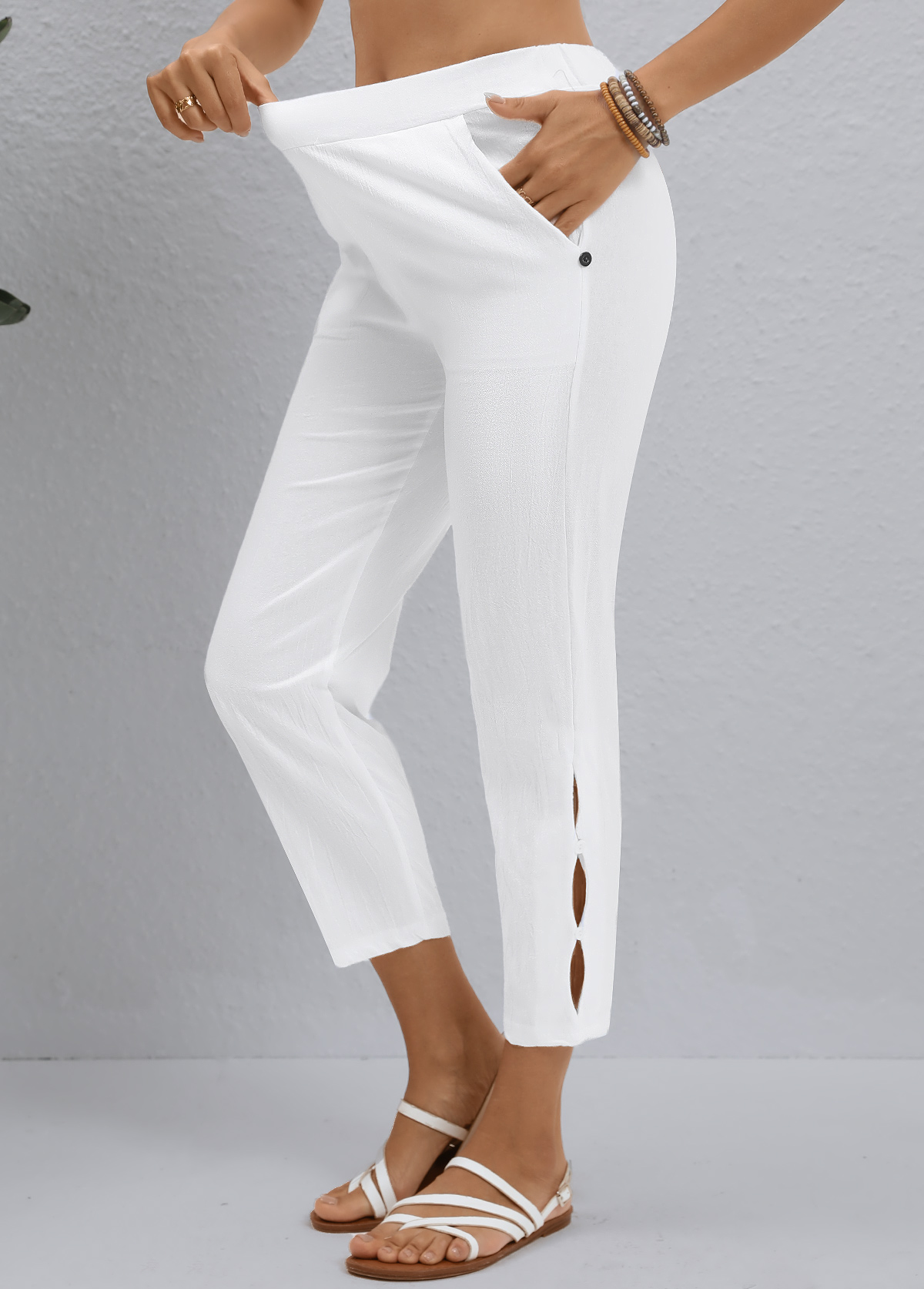 White bottoms,Plain Color bottoms,ROTITA White Elastic Waist High Waisted Pants