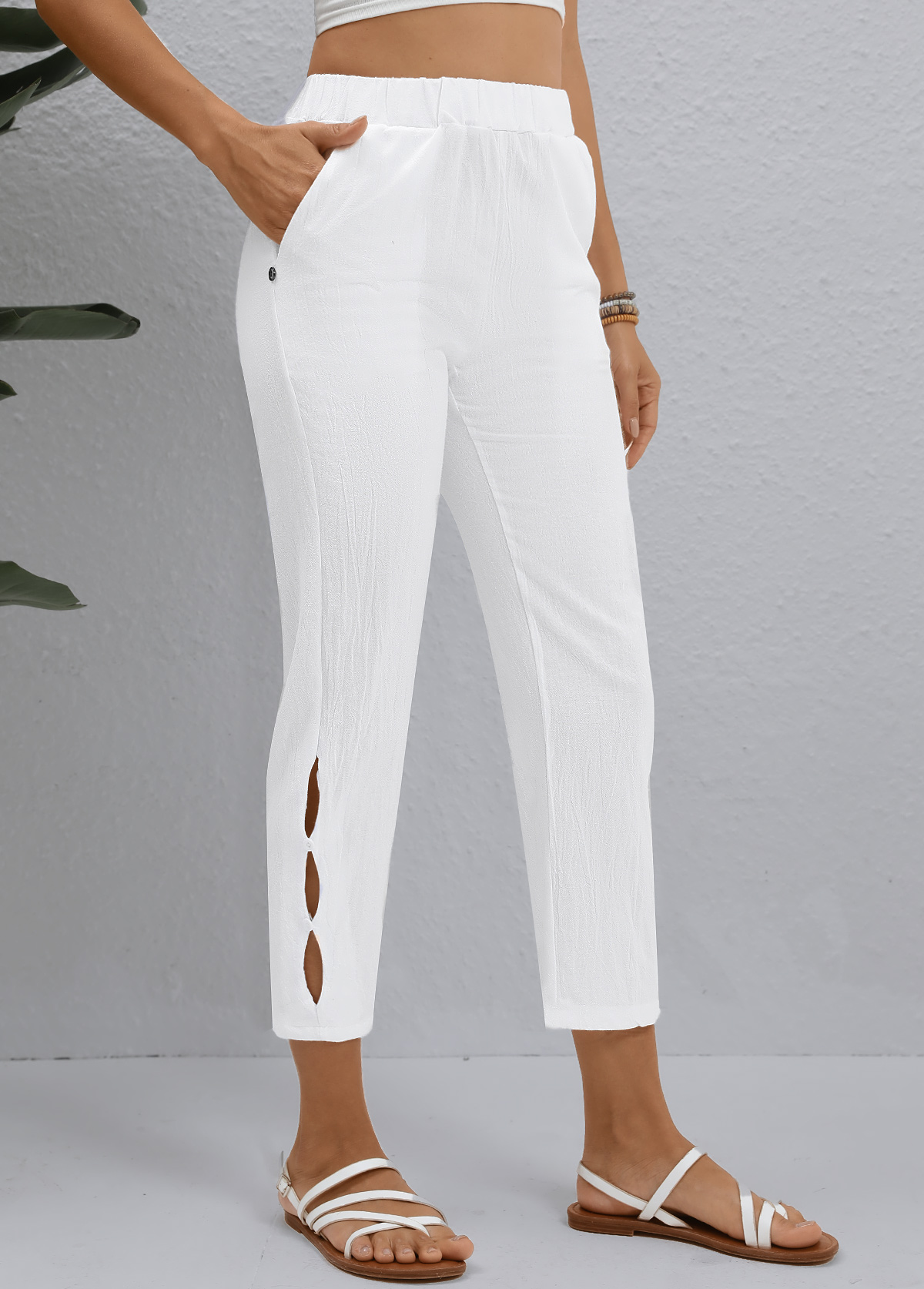 White bottoms,Plain Color bottoms,ROTITA White Elastic Waist High Waisted Pants