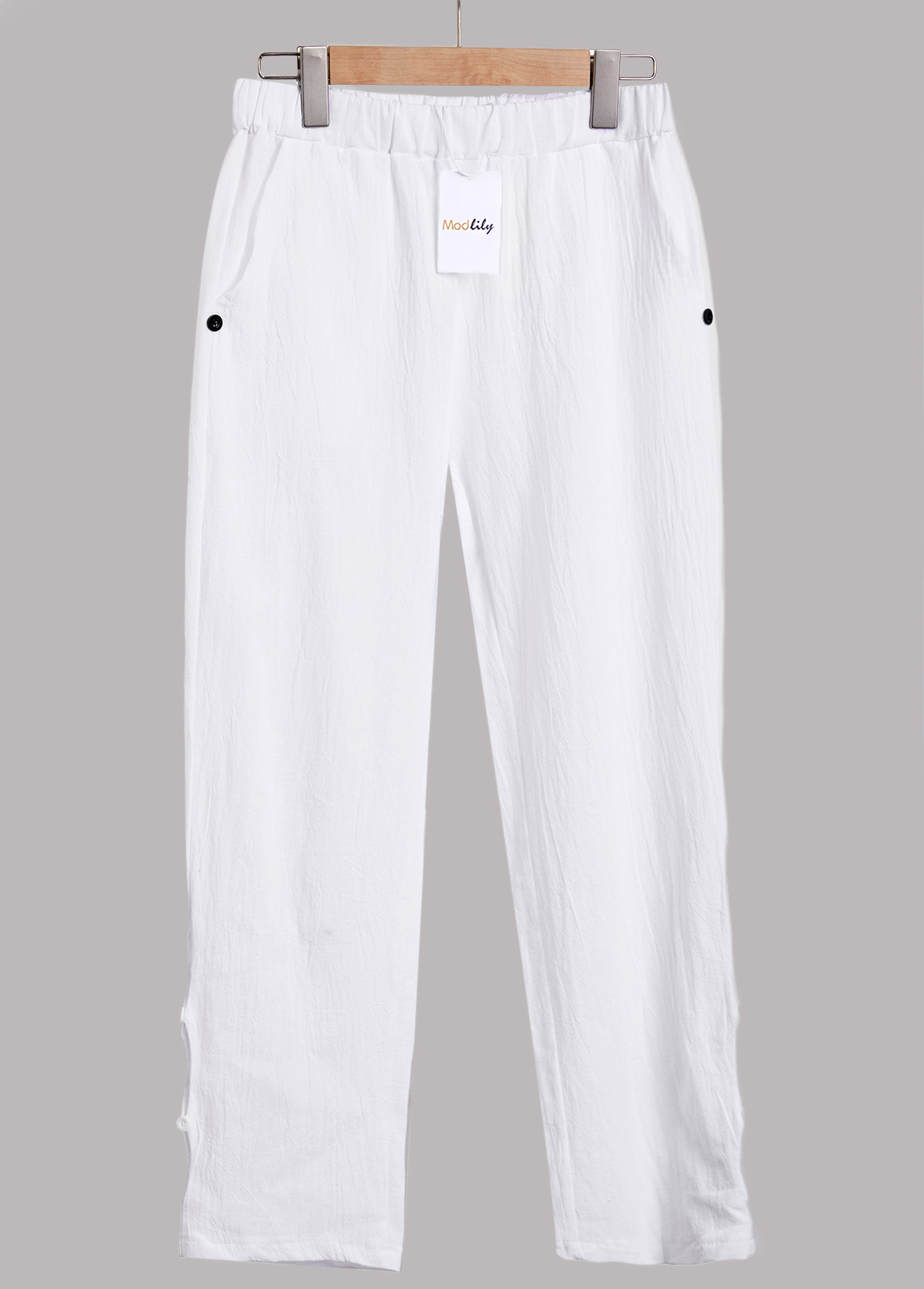 White bottoms,Plain Color bottoms,ROTITA White Elastic Waist High Waisted Pants