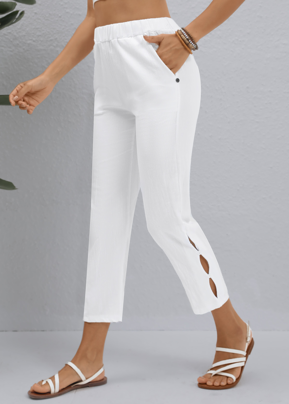 White bottoms,Plain Color bottoms,ROTITA White Elastic Waist High Waisted Pants