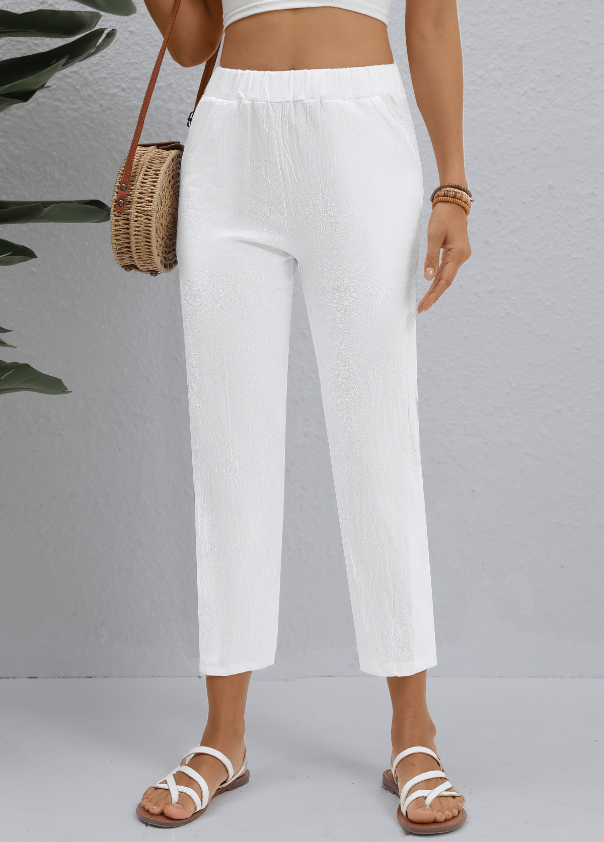 White bottoms,Plain Color bottoms,ROTITA White Elastic Waist High Waisted Pants