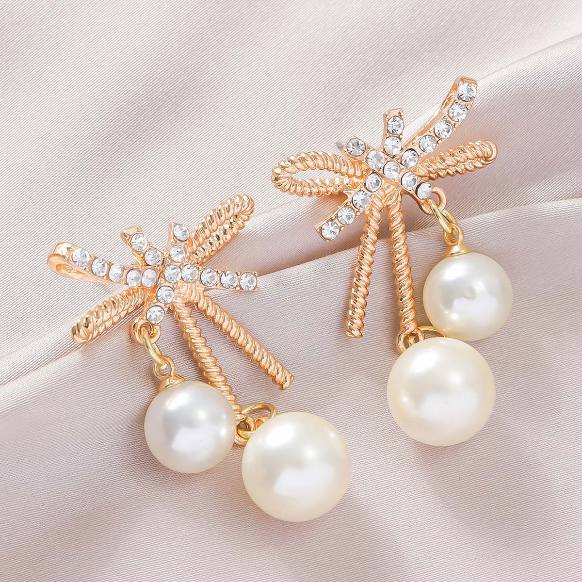 Golden jewelry,Golden Color Bow Alloy Detail Earrings