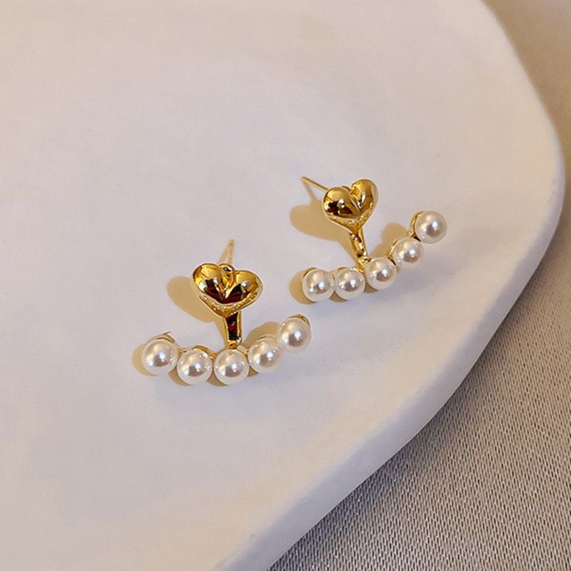 Golden jewelry,Heart jewelry,Heart Design Golden Pearl Detail Earrings