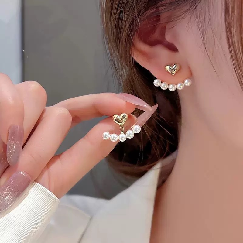 Golden jewelry,Heart jewelry,Heart Design Golden Pearl Detail Earrings