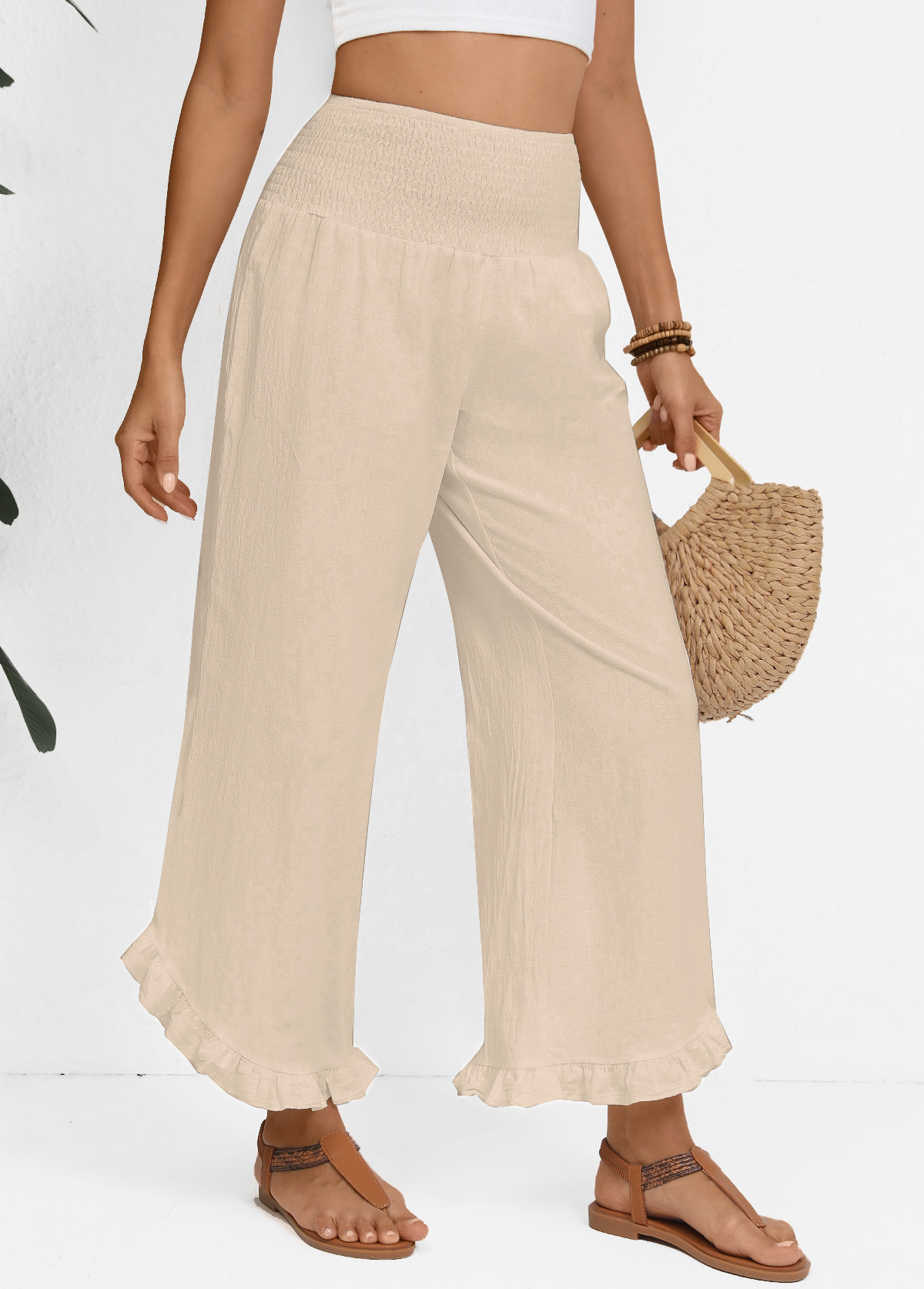 Raw white bottoms,Plain Color bottoms,Raw White Wide Leg Elastic Waist High Waisted Pants