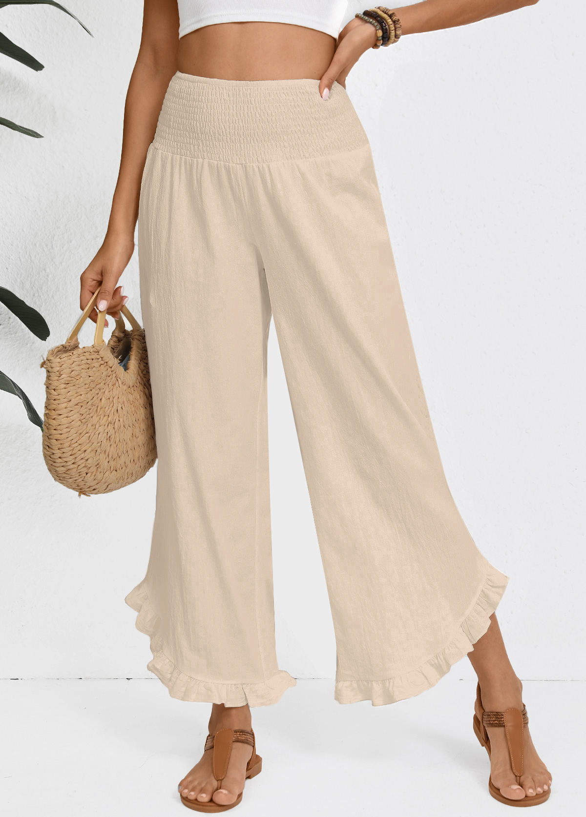 Raw white bottoms,Plain Color bottoms,Raw White Wide Leg Elastic Waist High Waisted Pants