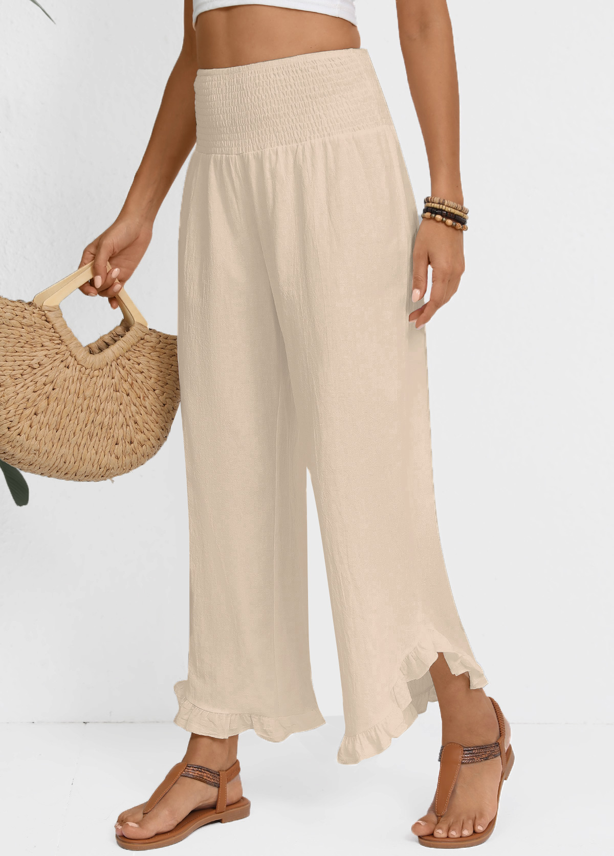 Raw white bottoms,Plain Color bottoms,Raw White Wide Leg Elastic Waist High Waisted Pants