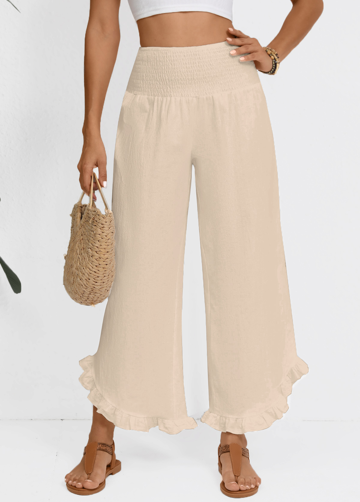 Raw white bottoms,Plain Color bottoms,Raw White Wide Leg Elastic Waist High Waisted Pants