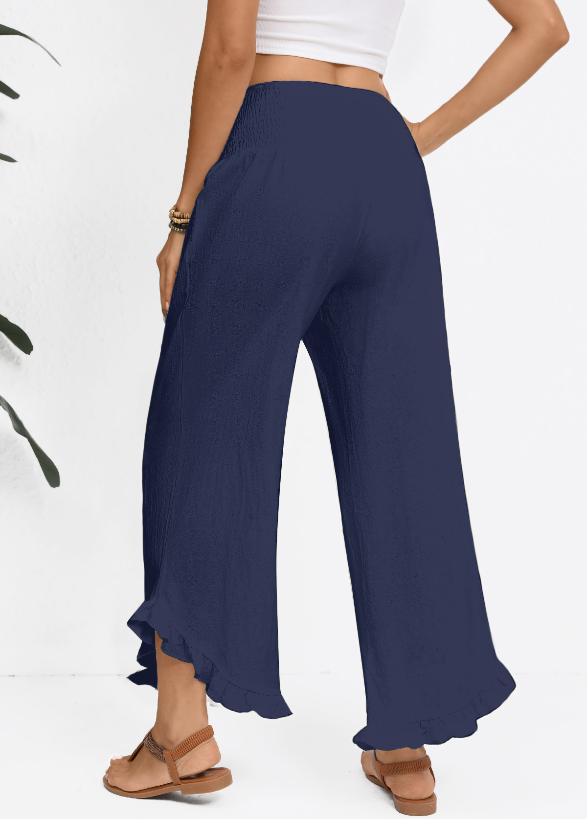 Navy bottoms,Plain Color bottoms,Navy Wide Leg Elastic Waist High Waisted Pants