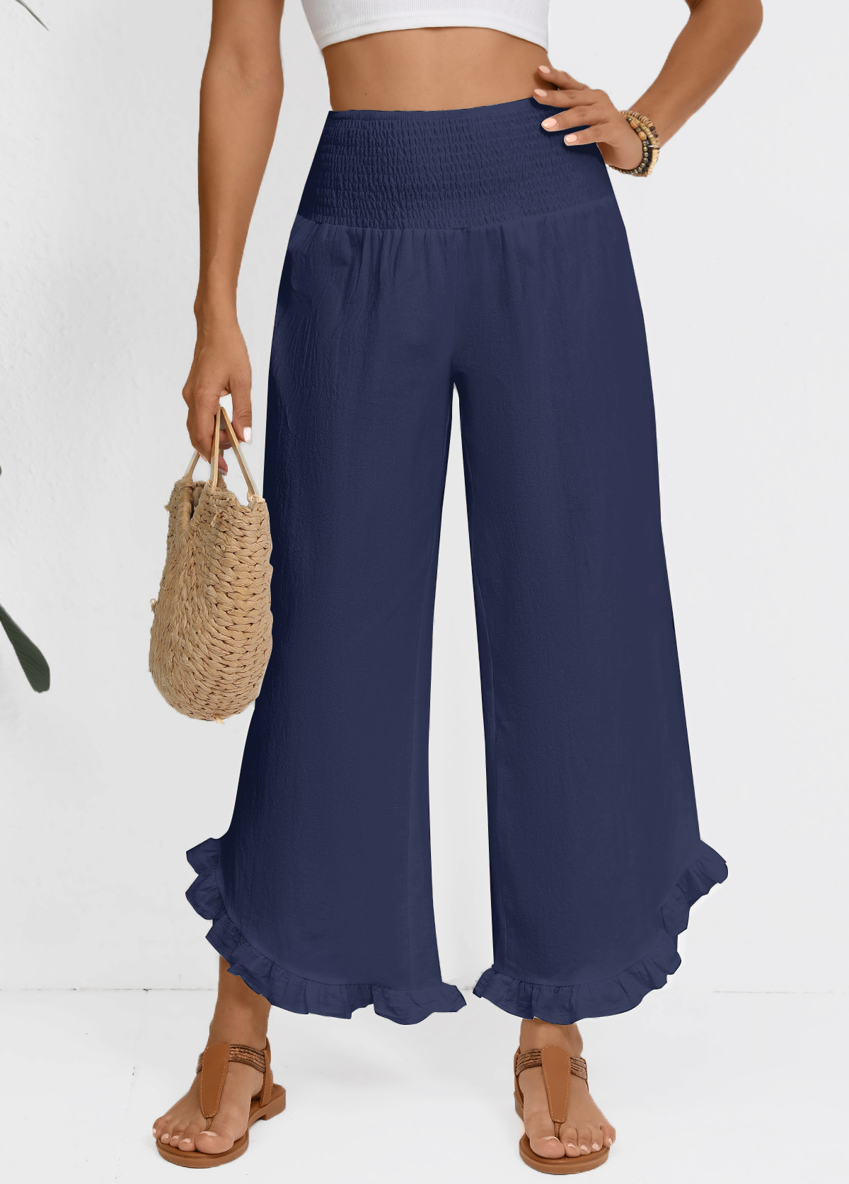 Navy bottoms,Plain Color bottoms,Navy Wide Leg Elastic Waist High Waisted Pants