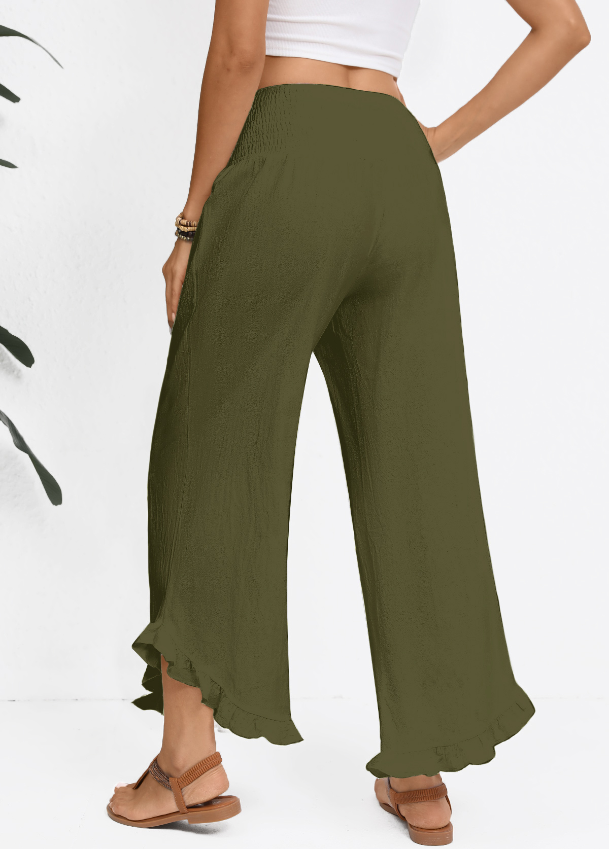 Olive Green bottoms,Plain Color bottoms,Olive Green Wide Leg Elastic Waist High Waisted Pants