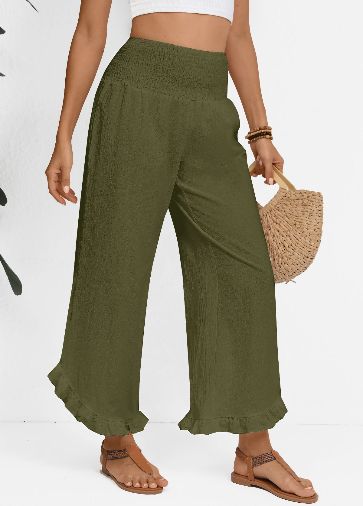 Olive Green bottoms,Plain Color bottoms,Olive Green Wide Leg Elastic Waist High Waisted Pants