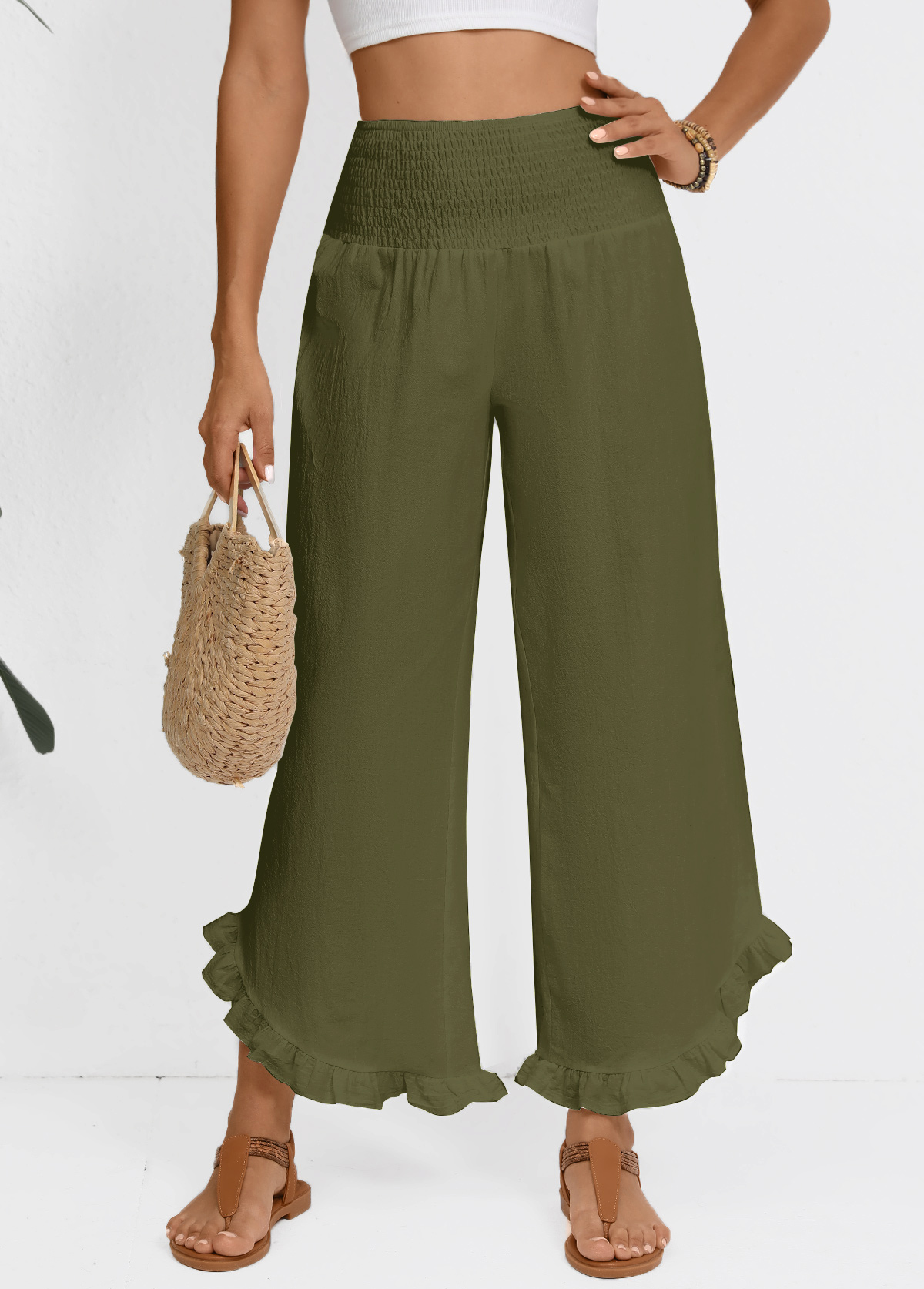 Olive Green bottoms,Plain Color bottoms,Olive Green Wide Leg Elastic Waist High Waisted Pants