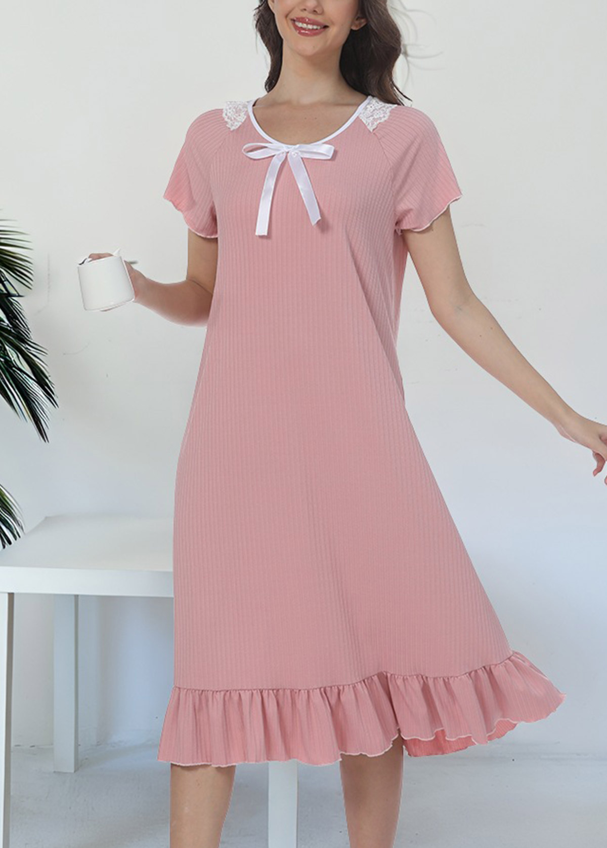 Light Pink loungewear,Plain Color loungewear,Light Pink Round Neck Short Sleeve Nightdress