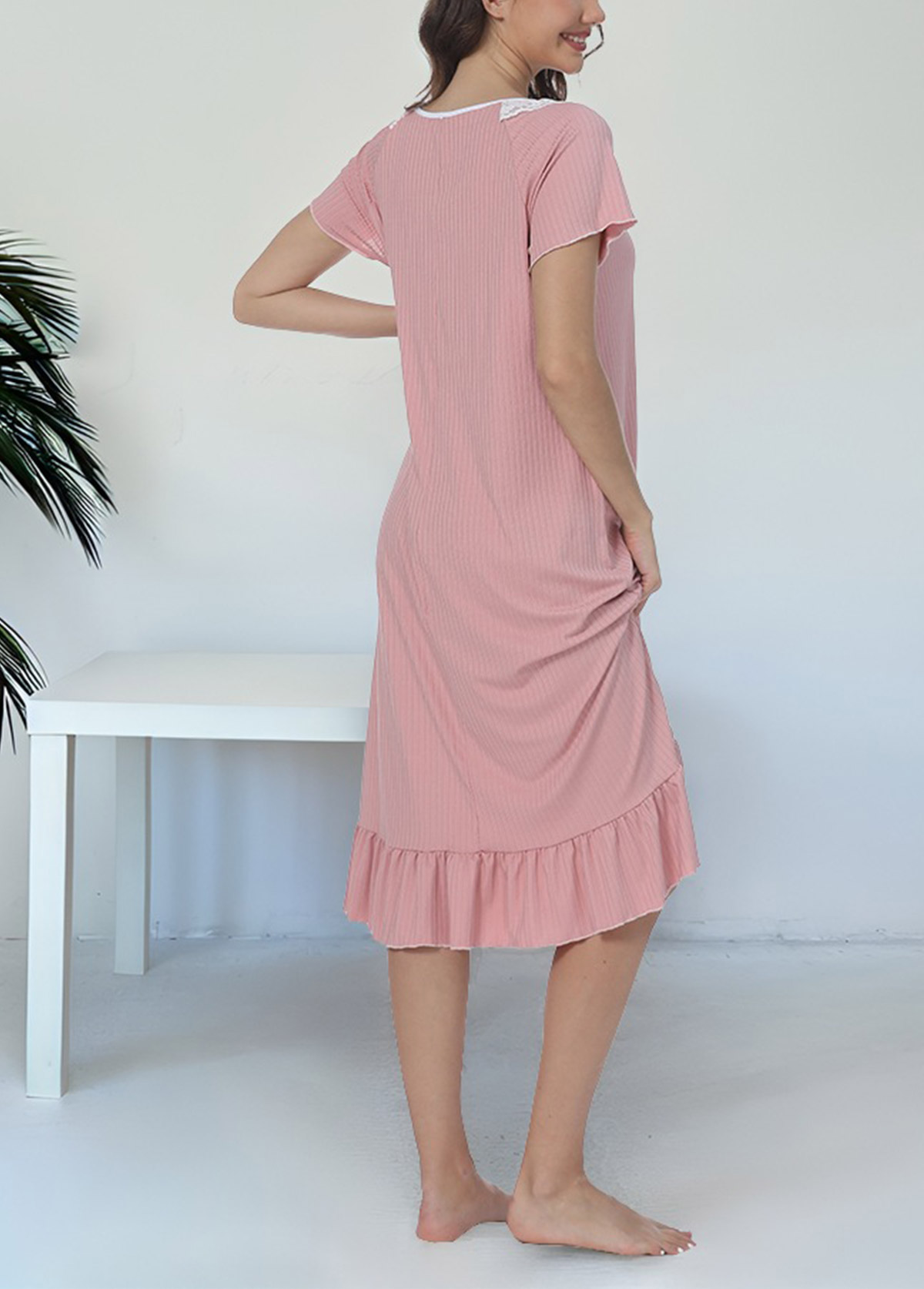 Light Pink loungewear,Plain Color loungewear,Light Pink Round Neck Short Sleeve Nightdress