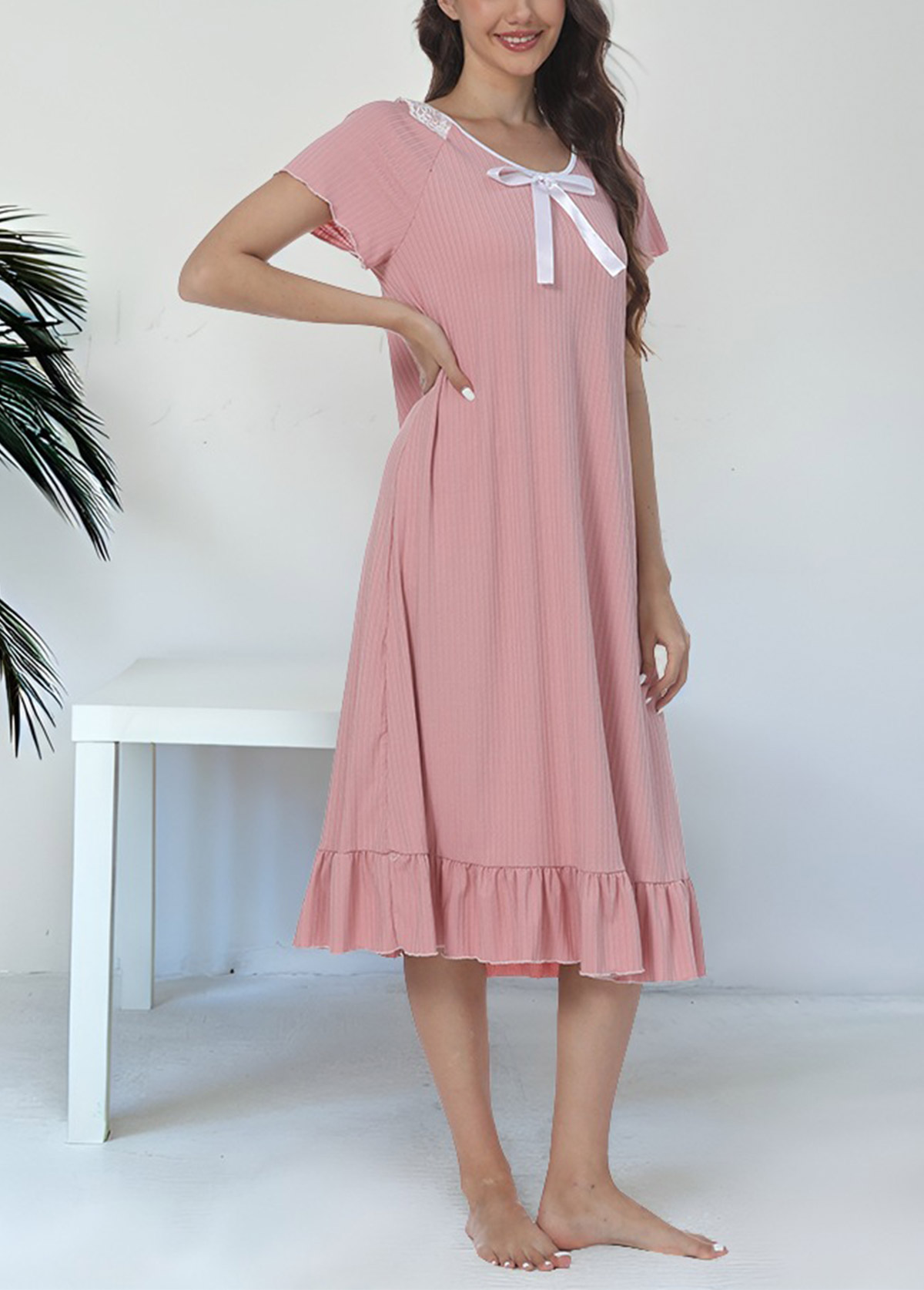 Light Pink loungewear,Plain Color loungewear,Light Pink Round Neck Short Sleeve Nightdress