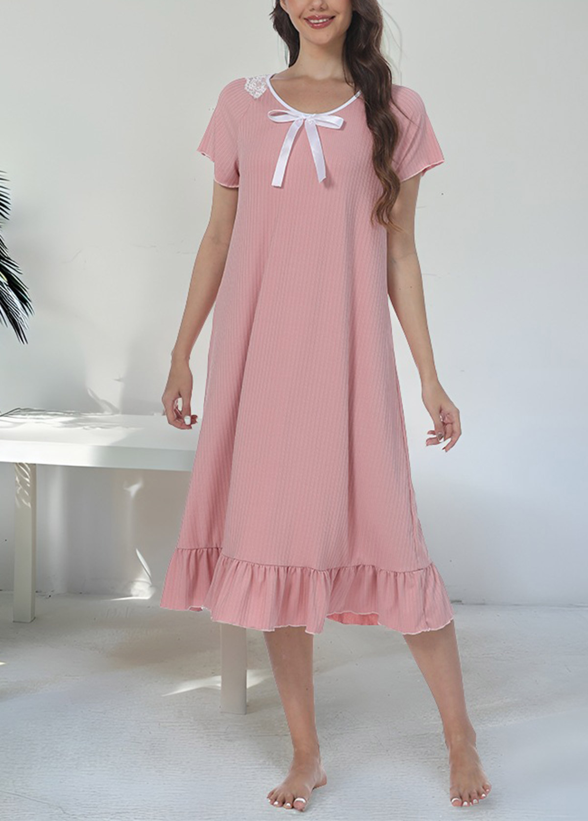 Light Pink loungewear,Plain Color loungewear,Light Pink Round Neck Short Sleeve Nightdress