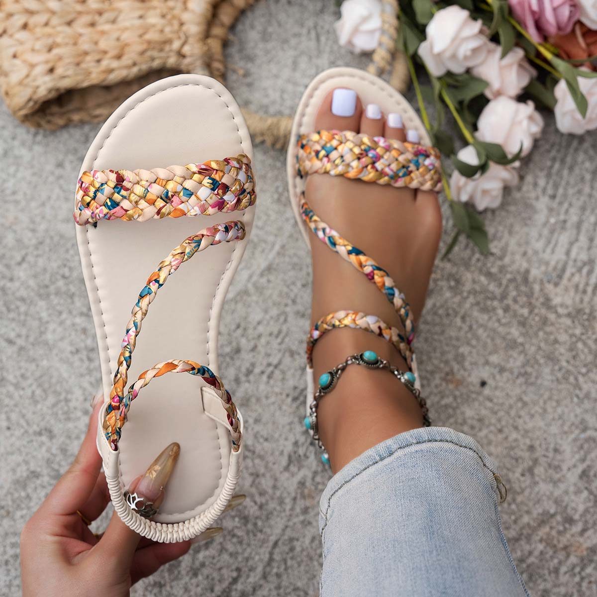 Multi Color shoes,Contrast Color shoes,Multi Color Canvas Peep Toe Falt