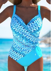 Cyan swimwear,Tribal swimwear,ROTITA Surplice Cyan Tribal Print One Piece Swimwear