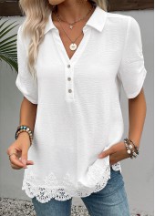 White tops,Plain Color tops,ROTITA White Shirt Collar Short Sleeve Blouse