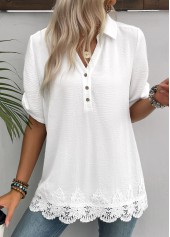 White tops,Plain Color tops,ROTITA White Shirt Collar Short Sleeve Blouse