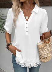 White tops,Plain Color tops,ROTITA White Shirt Collar Short Sleeve Blouse